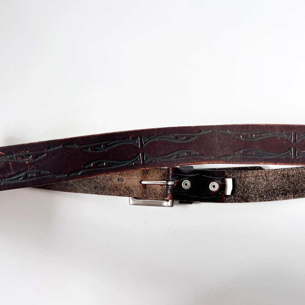 Vintage Levi's Leather Belt XL 42-44 Brown Tribal Embossed Distressed Biker Snap